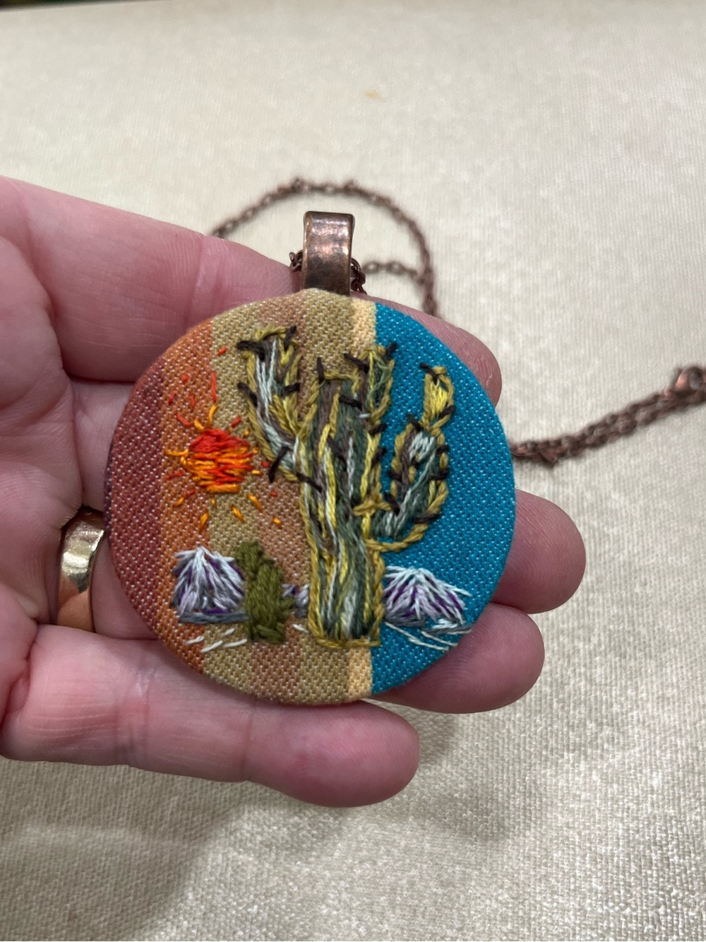 Hand-Embroidered Desert Cactus Pendant Necklace - Multicolor - Picture 2 of 4